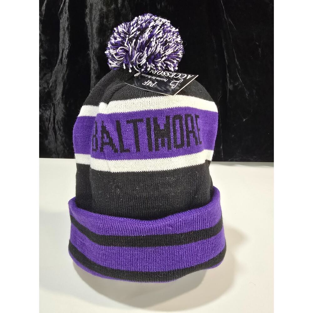 P4F Accessories Pom Pom Beanie Hat w/Baltimore Purple/Black - Adult Unisex *NWT*